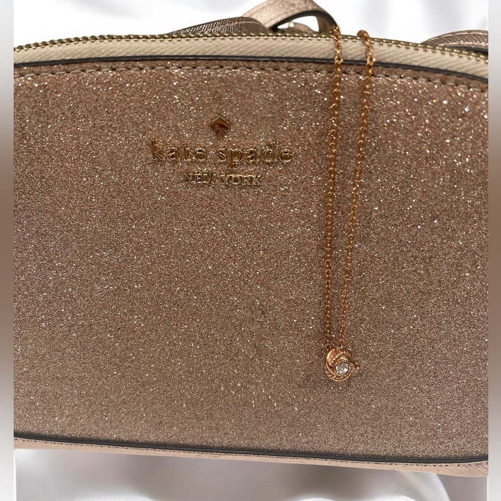 Kate Spade Tinsel Dome Crossbody Purse Rose Gold Glitter & Necklace
